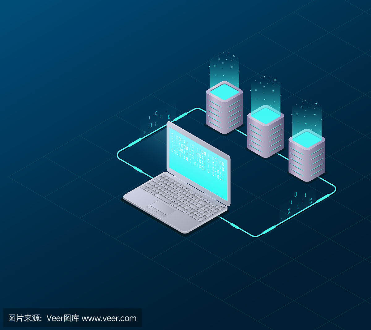 大數據處理概念、網絡主機和服務器室、計算機。互聯網網絡通信。大數據數據同步與存儲。三維平面設計。