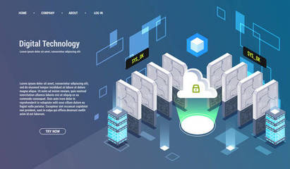 大數據處理、等距數據中心、矢量信息處理和存儲的概念。具有抽象幾何元素的創造性插圖